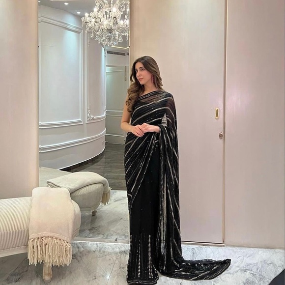 Other - Pre-stitched black and gold saree with blouse and petticoat